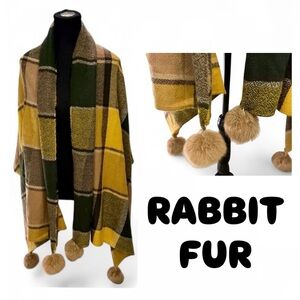 ⚡️SALE⚡️Vintage Plaid Shawl Scarf Genuine Rabbit Fur Pom Poms